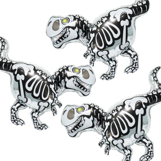 Greentek; 3 PCS Skeleton Dinosaur Foil Balloons T Rex Skull Fossil Balloons with Glow Eyes for Halloween Dinosaur Birthday Monster Party DecorationsFoil balloons; Category:Foil Balloons; Image:1
